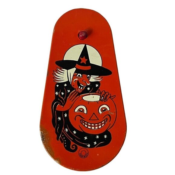 Vintage US Metal Toy Halloween Tin Rattle Noisemaker Witch Pumpkin Ratchet Crank - Picture 1 of 8